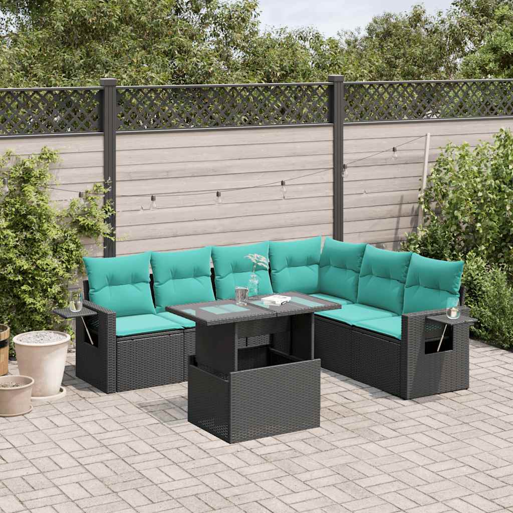 7 Piece Garden Sofa Set with Cushions Black Poly Rattan