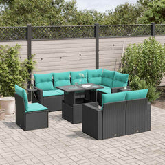 9 Piece Garden Sofa Set with Cushions Black Poly Rattan