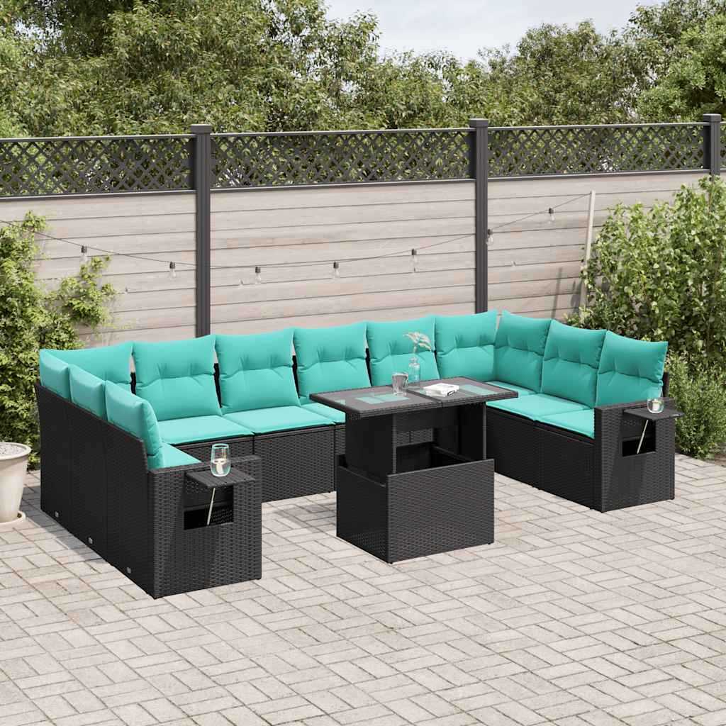 11 Piece Garden Sofa Set with Cushions Black Poly Rattan