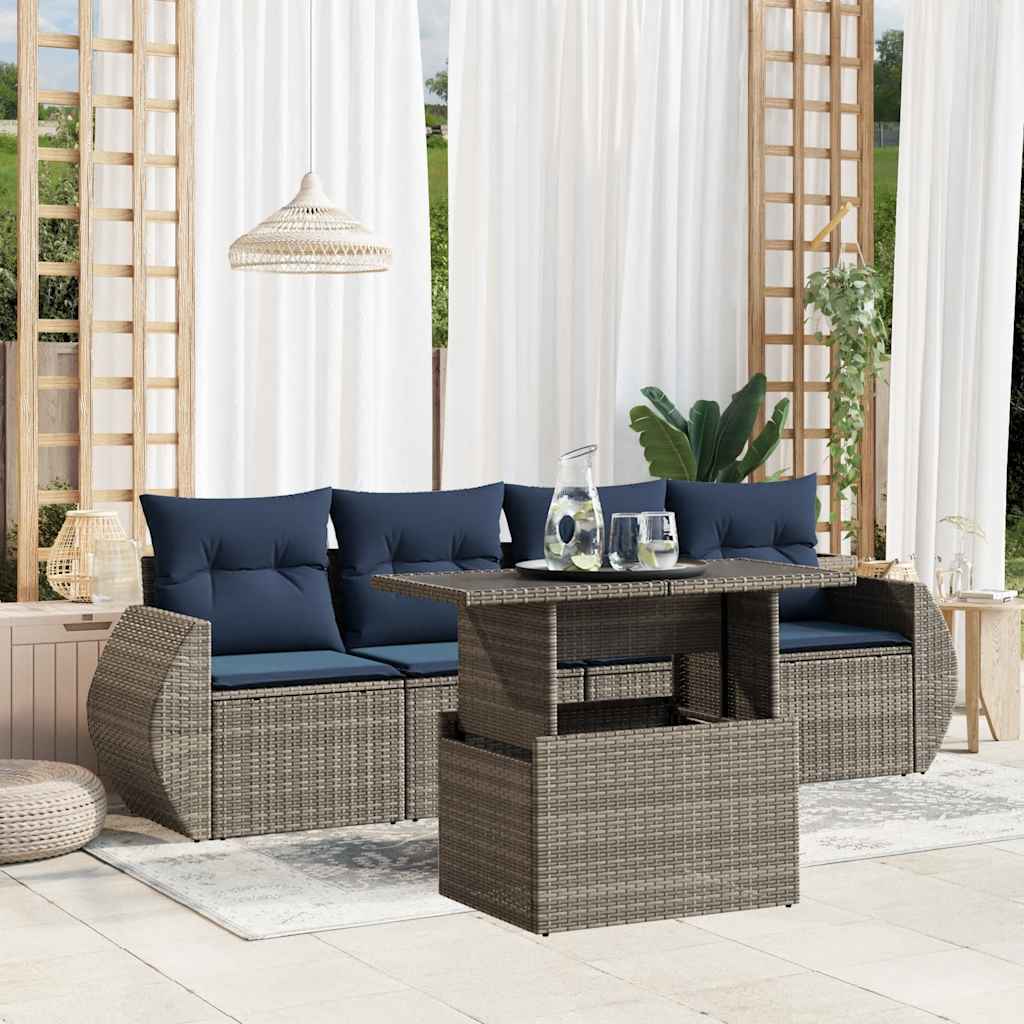 5 Piece Garden Sofa Set with Cushions Grey Poly Rattan