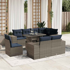 9 Piece Garden Sofa Set with Cushions Grey Poly Rattan