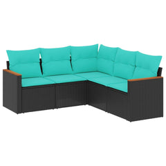 5 Piece Patio Sofa Set with Cushions Black Poly Rattan