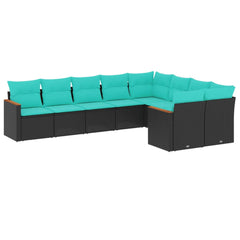 9 Piece Patio Sofa Set with Cushions Black Poly Rattan