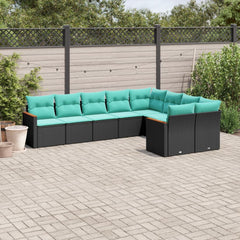 9 Piece Patio Sofa Set with Cushions Black Poly Rattan