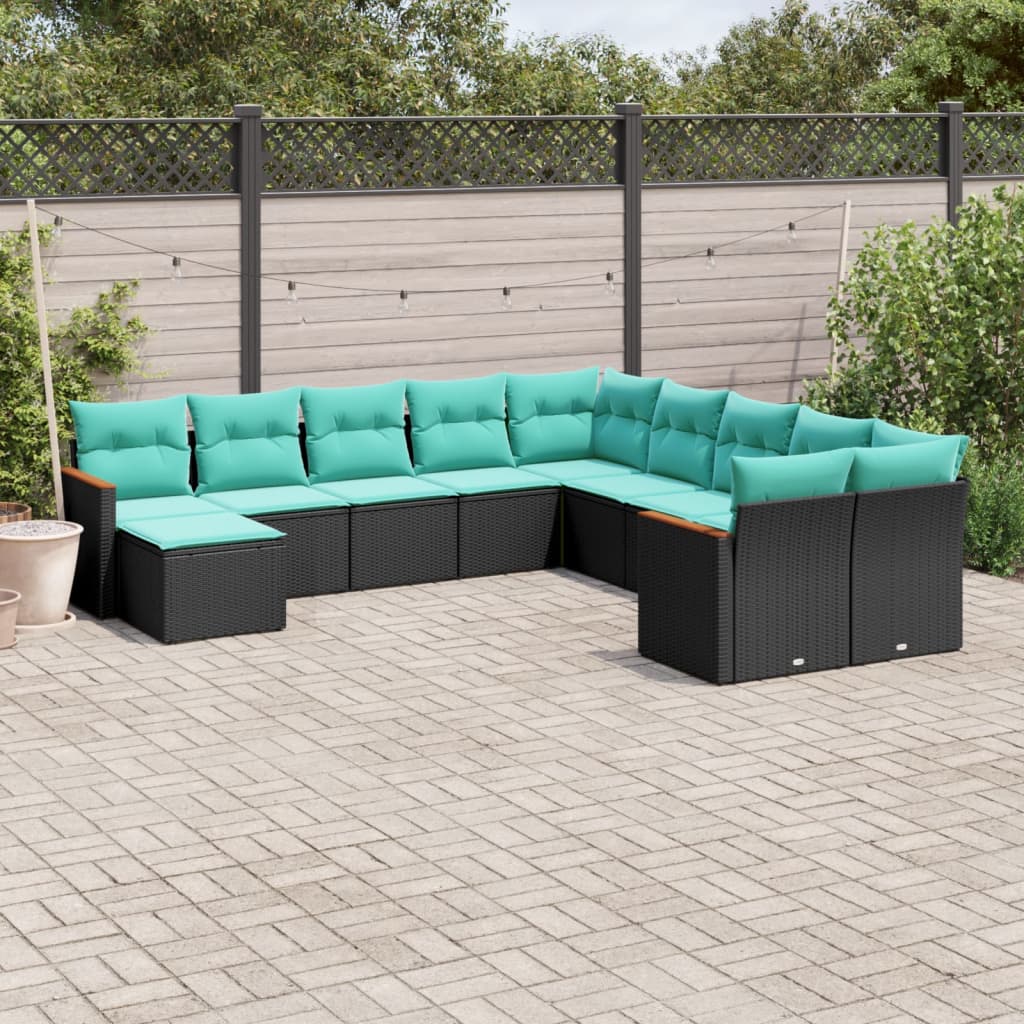 11 Piece Patio Sofa Set with Cushions Black Poly Rattan