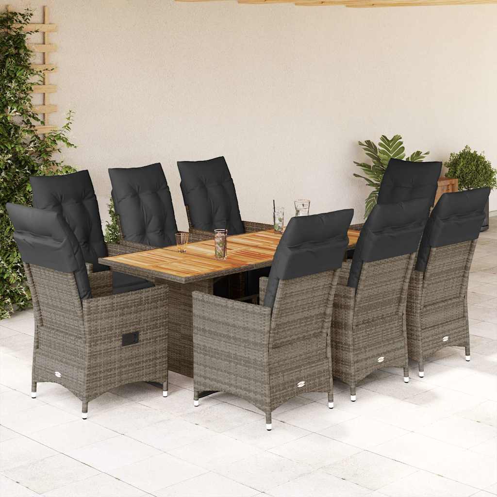 Bistro Set Grey PE rattan 8-seater Adjustable Footrests