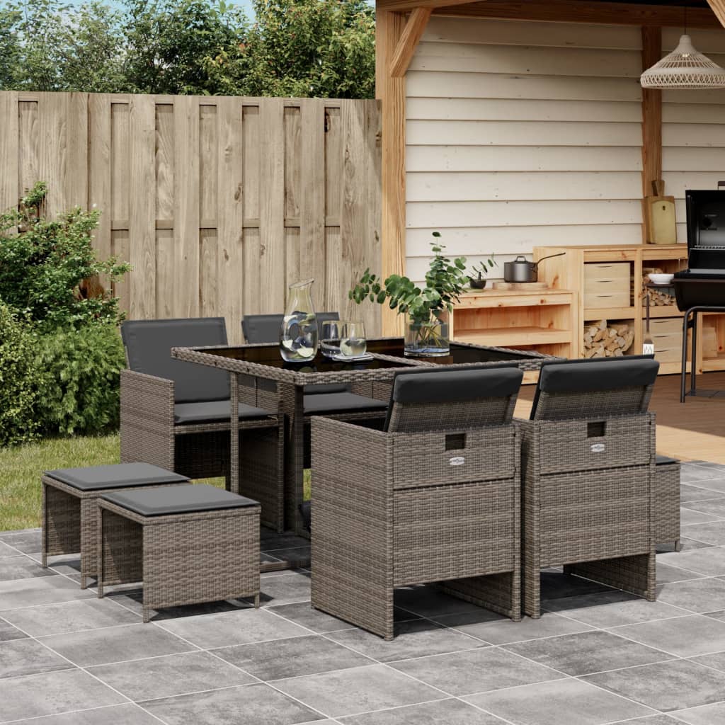 Garden Dining Set Grey PE rattan 9 Piece Stackable