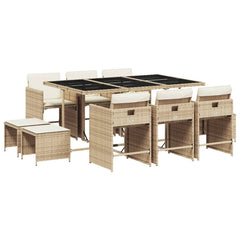 Patio Dining Set Set of 10 Beige with Cream White Cushions