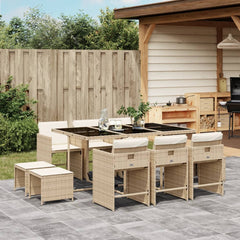 Patio Dining Set Set of 10 Beige with Cream White Cushions
