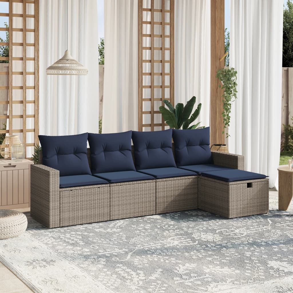 5 Piece Patio Sofa Set with Cushions Gray Poly Rattan