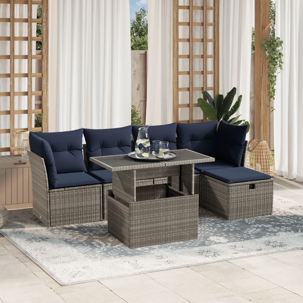 6 Piece Garden Sofa Set with Cushions Grey Poly Rattan