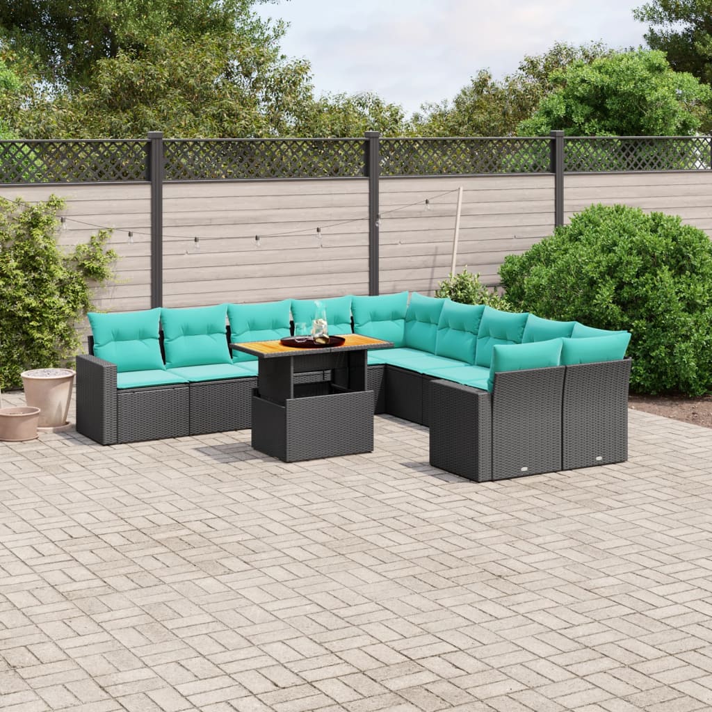 11 Piece Patio Sofa Set with Cushions Black Poly Rattan