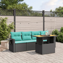 5 Piece Patio Sofa Set with Cushions Black Poly Rattan