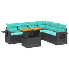 7 Piece Patio Sofa Set with Cushions Black Poly Rattan