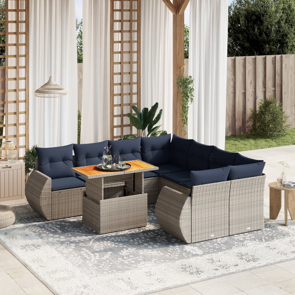 9 Piece Patio Sofa Set with Cushions Gray Poly Rattan