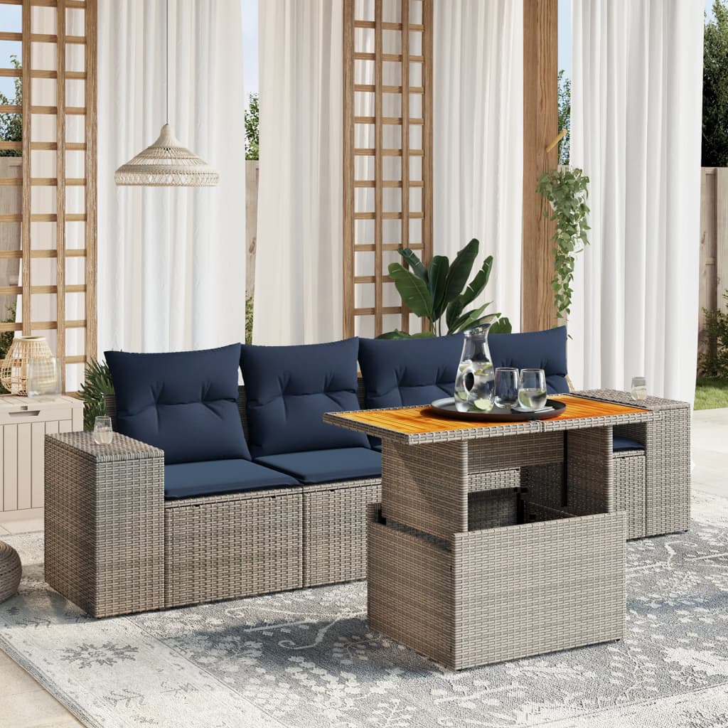 5 Piece Patio Sofa Set with Cushions Gray Poly Rattan