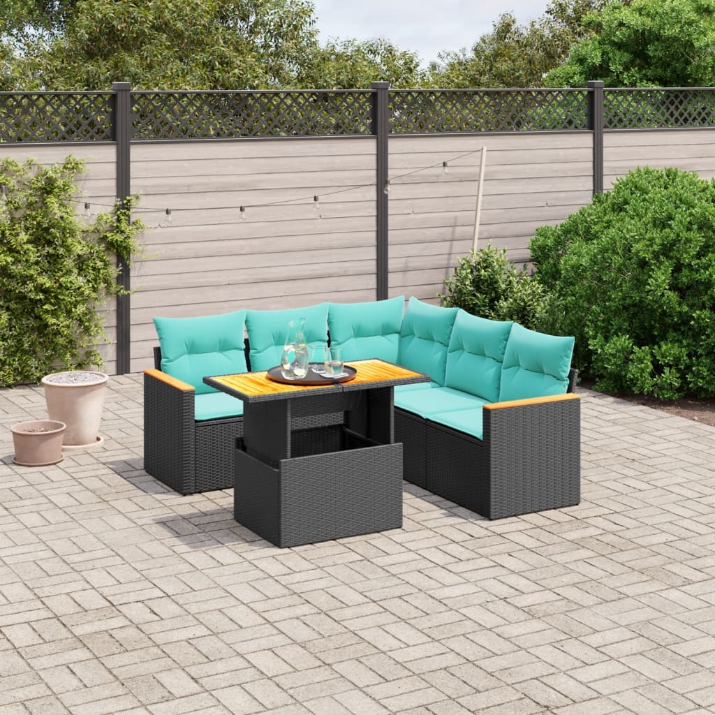 6 Piece Patio Sofa Set with Cushions Black Poly Rattan