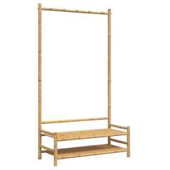 Bamboo clothes rack with hanging rail and two shelves, measuring 40.6x15.7x72 inches.