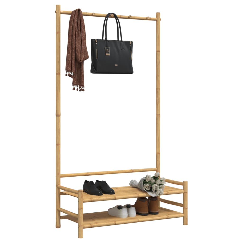Bamboo clothes rack with hanging bar, scarf, handbag, and two shelves for shoes.