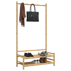 Bamboo clothes rack with hanging bar, scarf, handbag, and two shelves for shoes.