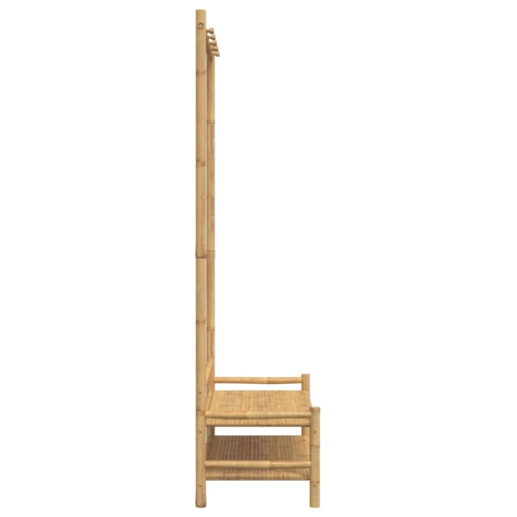 Bamboo clothes rack with two shelves and hanging rail, measuring 40.6x15.7x72 inches.
