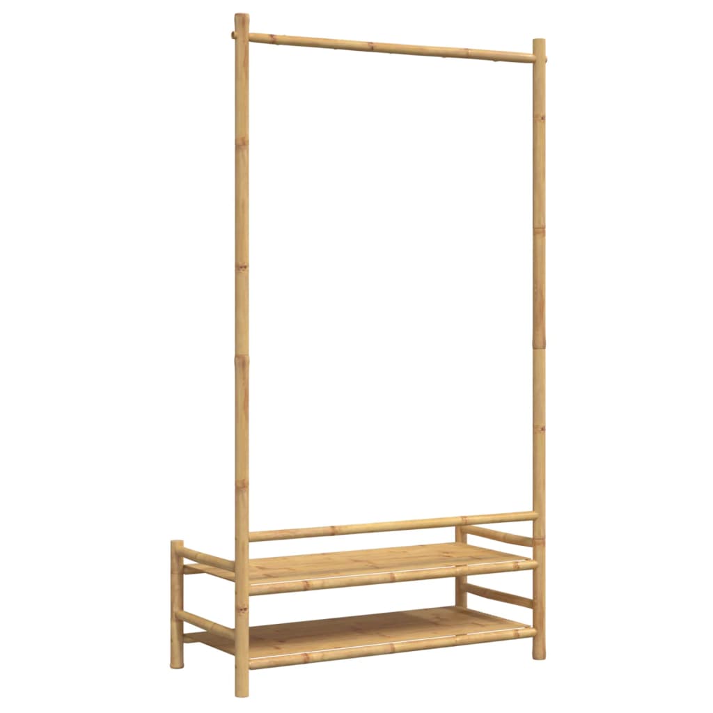 Bamboo clothes rack with two shelves and hanging rail, 40.6x15.7x72 inches.