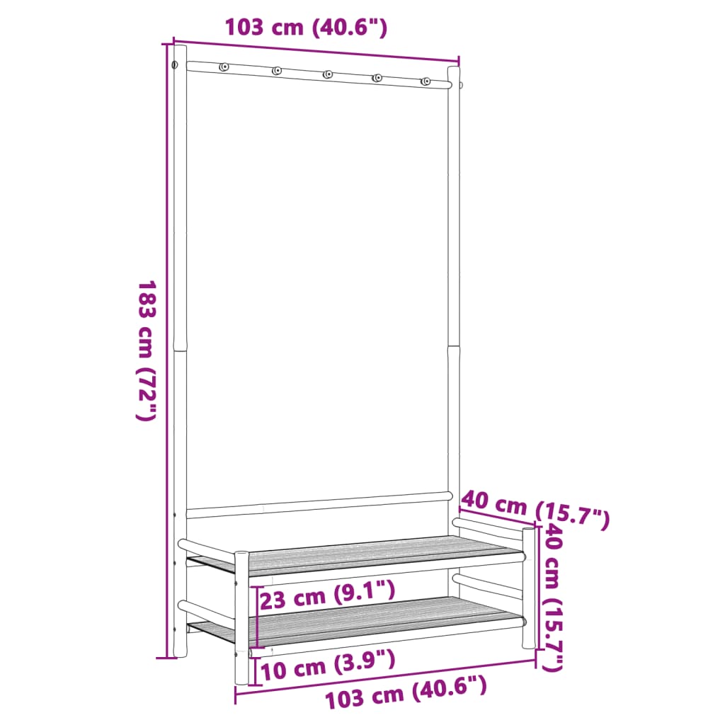 Bamboo clothes rack with two shelves, measuring 103x40x183 cm.