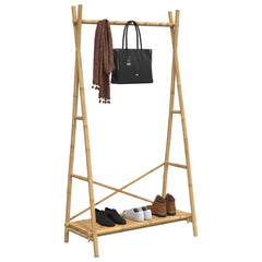 Bamboo clothes rack with hanging bar, scarf, handbag, and lower shoe shelf.