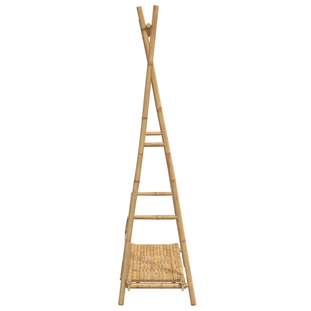 Bamboo clothes rack with cross arms and lower shelf, 40.2x19.7x74.8 inches.