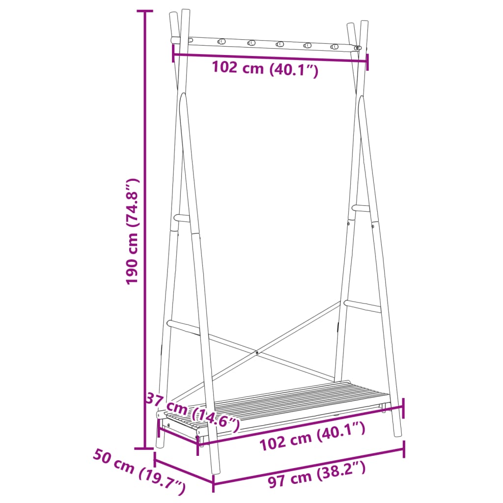 Bamboo clothes rack with hanging rail and shelf, dimensions 40.2x19.7x74.8 inches.