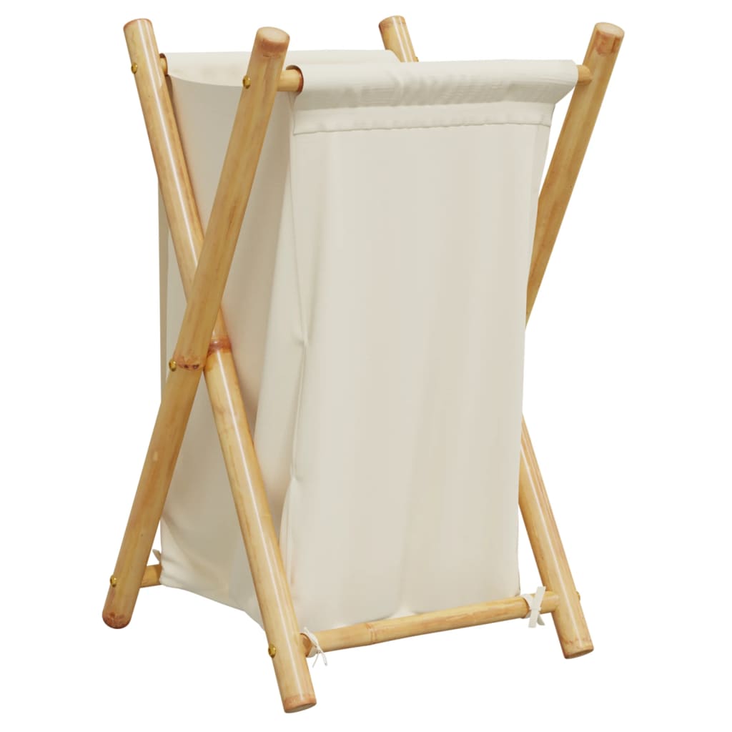 Cream white fabric laundry basket with bamboo frame, 16.3x14.2x25 inches.