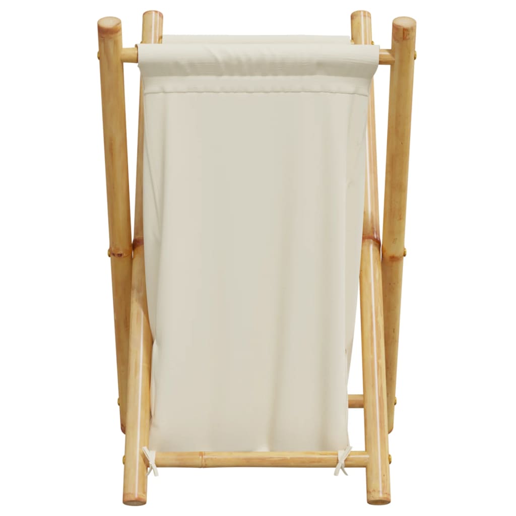 Foldable bamboo laundry basket with cream white fabric liner, viewed from back.