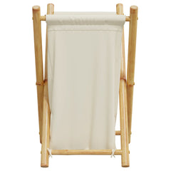 Foldable bamboo laundry basket with cream white fabric liner, viewed from back.