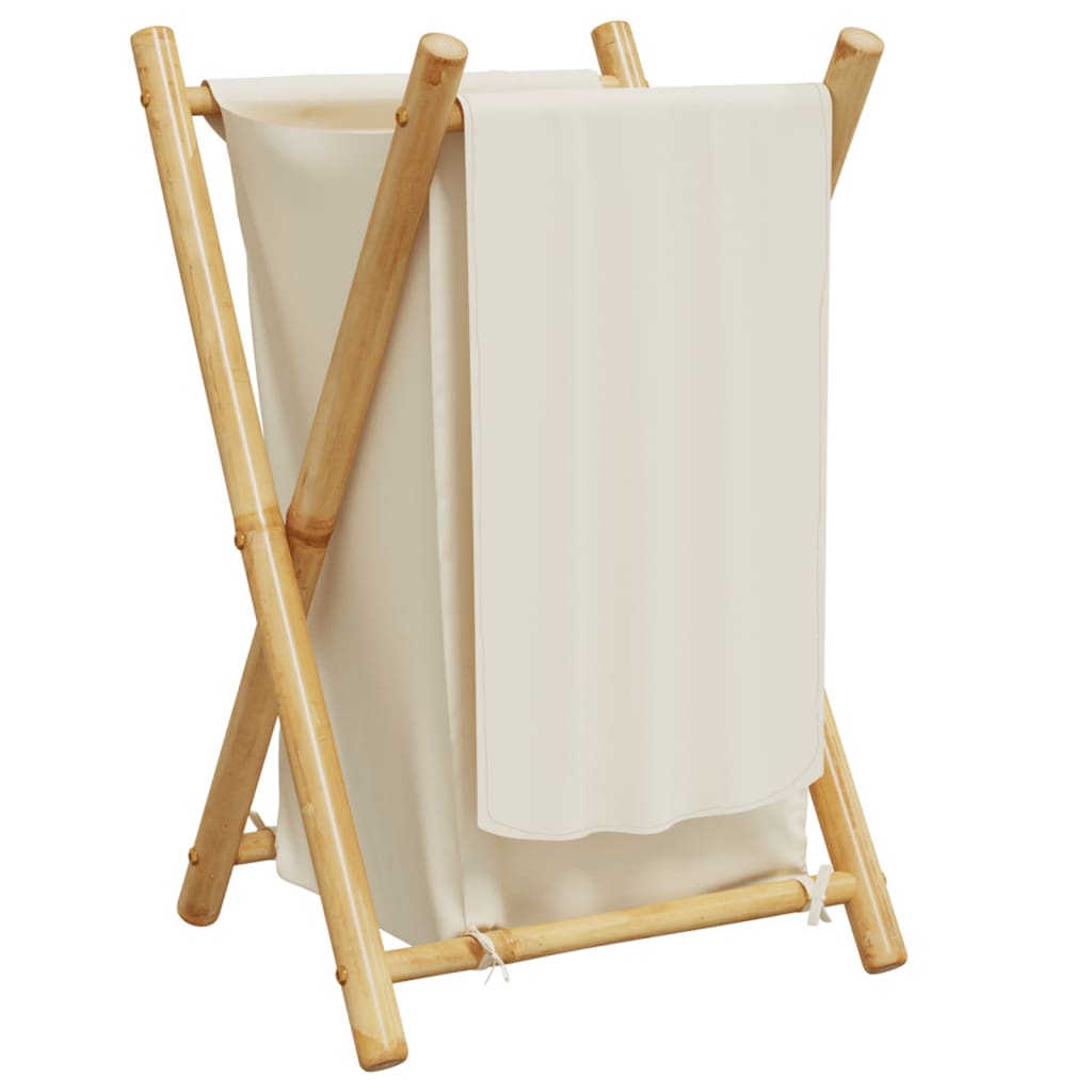 Bostome bamboo laundry basket with cream white fabric and foldable frame.