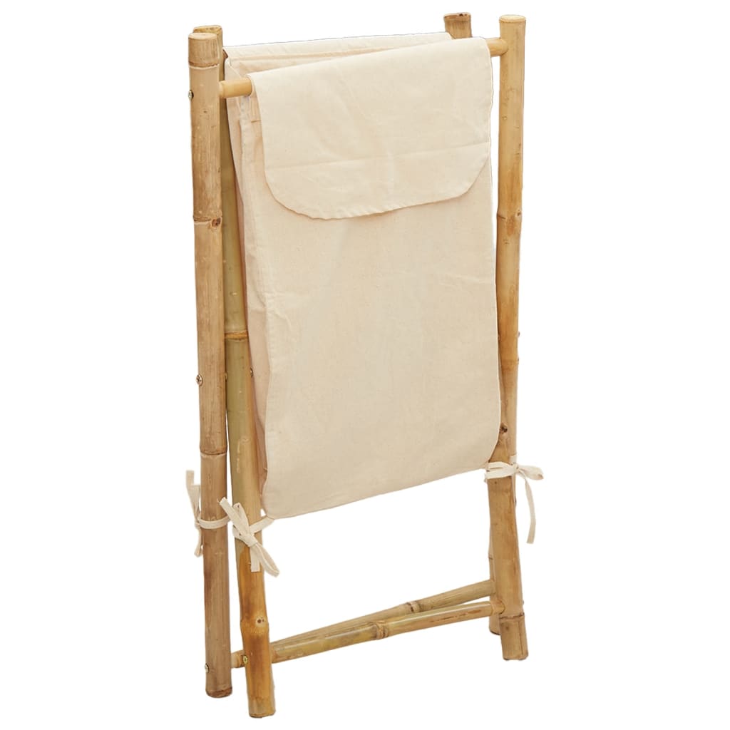 Bostome bamboo laundry basket with cream white fabric, 16.3x14.2x25 inches.