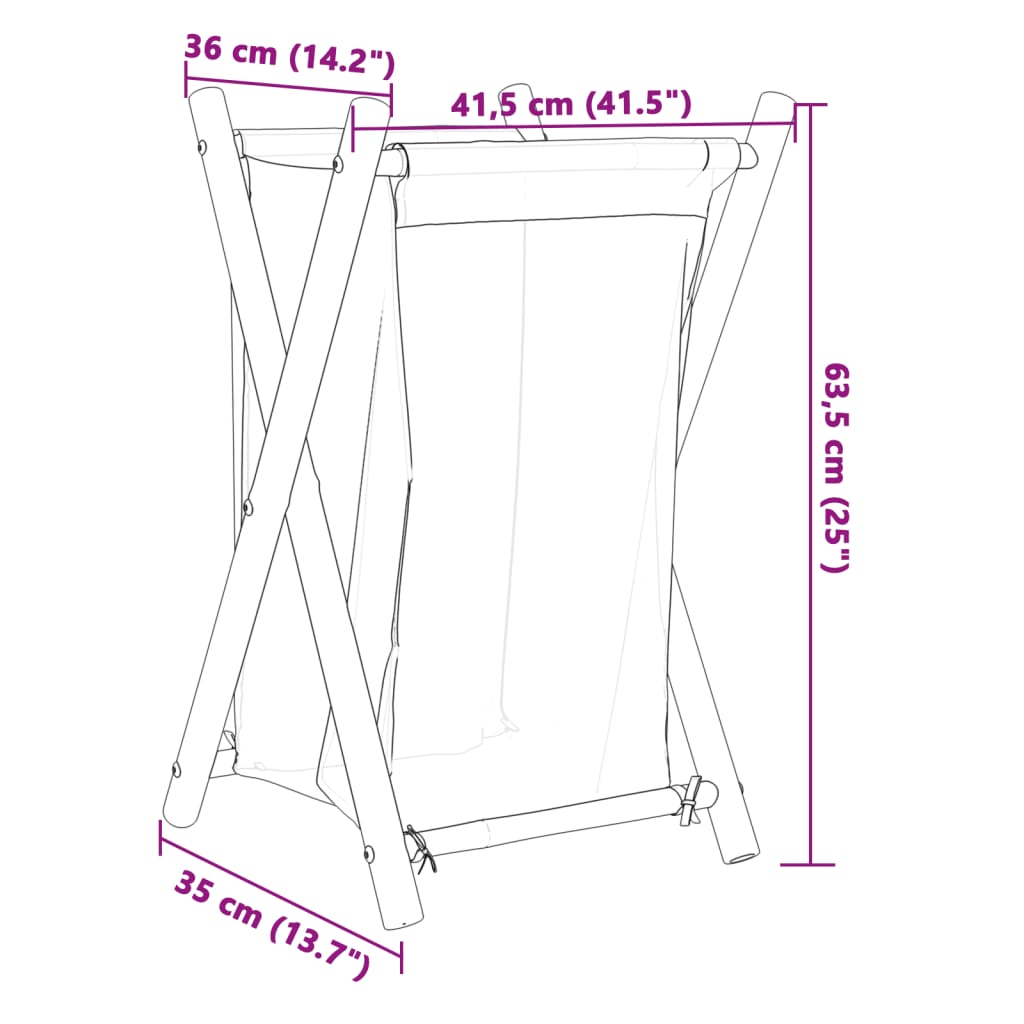 Diagram of cream white Bostome bamboo laundry basket with foldable frame, measuring 16.3x14.2x25 inches.