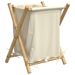 Cream white Bostome bamboo laundry basket with foldable frame, 17.7x21.7x25 inches.