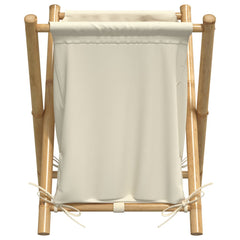Cream white bamboo laundry basket with fabric liner, 17.7x21.7x25 inches.