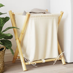 Cream white bamboo laundry basket with foldable frame and fabric liner, 17.7x21.7x25 inches.