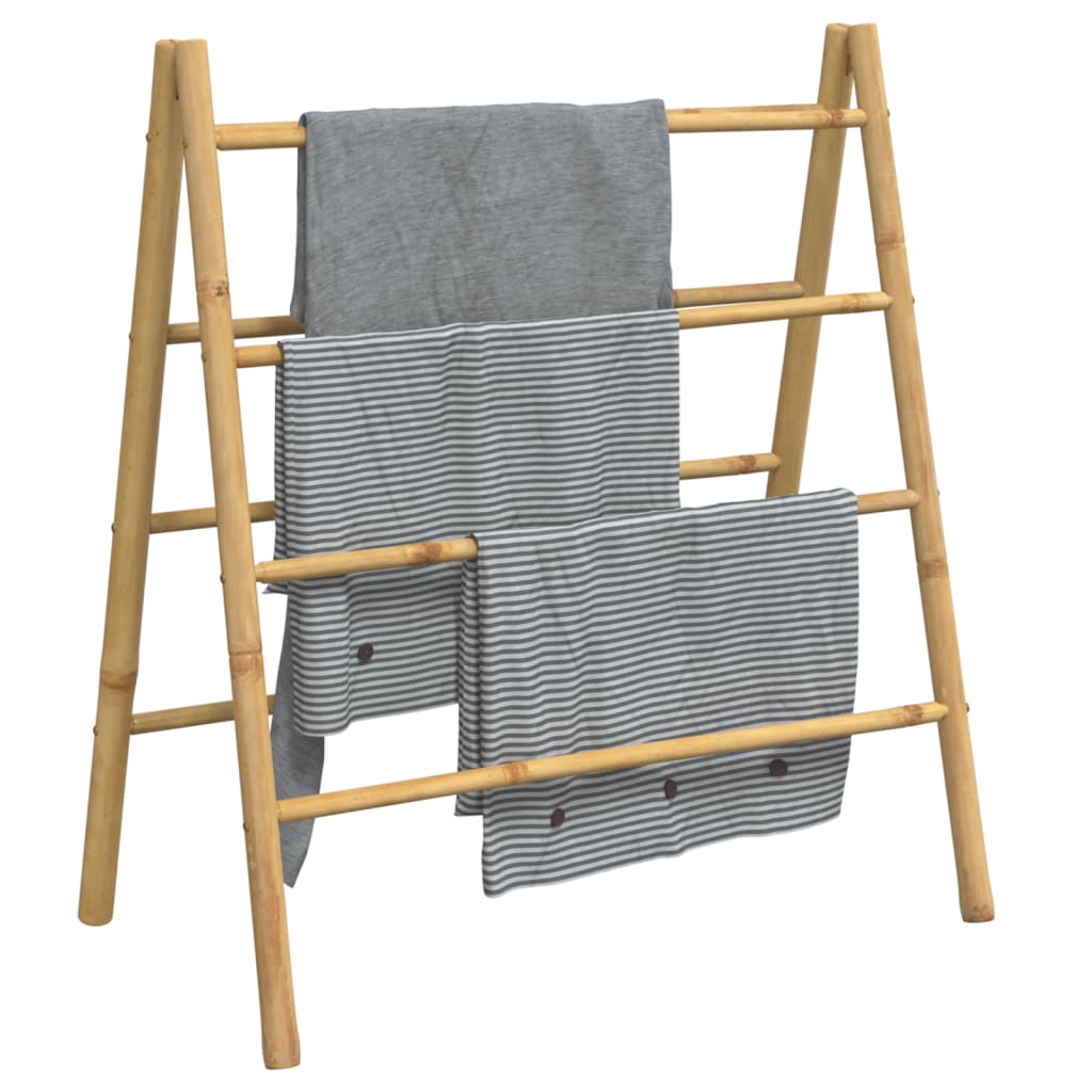 Bostome double bamboo towel ladder with 4 rungs, 35.4x19.7x39.4in, holding gray towels.