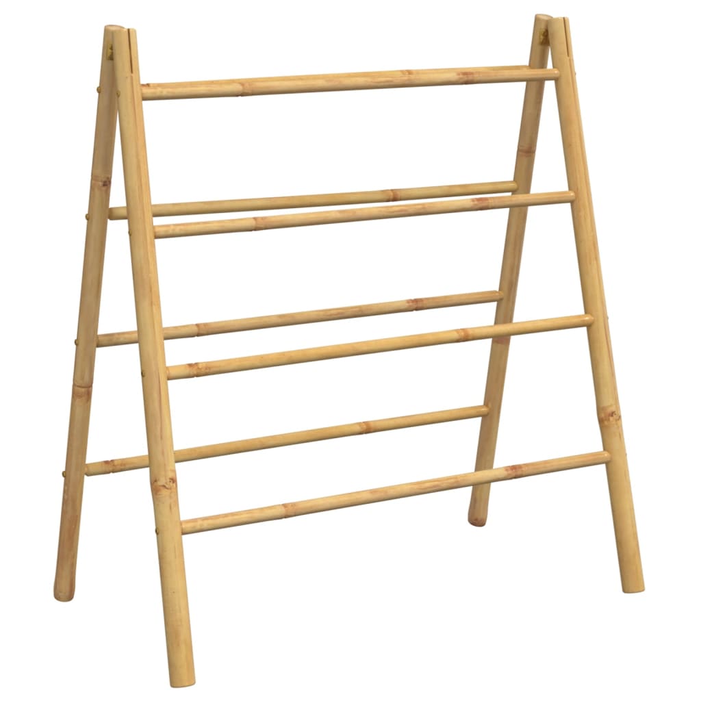 A double-sided bamboo towel ladder with four rungs, measuring 35.4x19.7x39.4 inches.