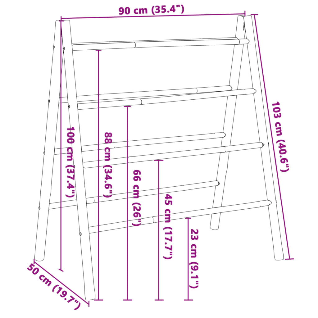 Double-sided bamboo towel ladder with 4 rungs, measuring 35.4 x 19.7 x 39.4 inches.