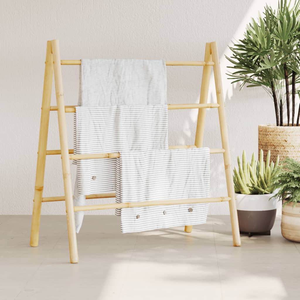 Bostome double bamboo towel ladder with 4 rungs, 35.4x19.7x39.4in, holding white towels.