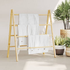 Bostome double bamboo towel ladder with 4 rungs, 35.4x19.7x39.4in, holding white towels.