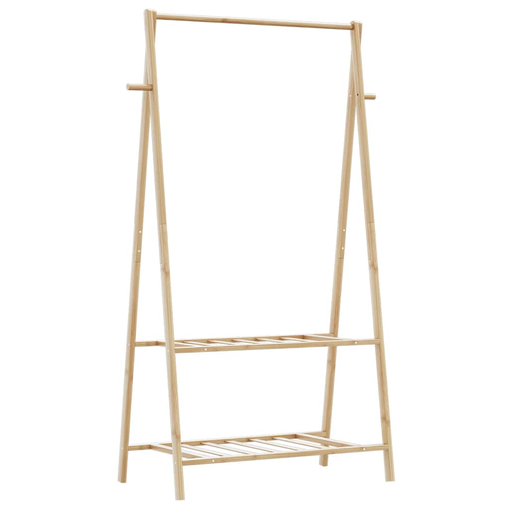 Bostome bamboo clothes rack with two shelves and side hooks, measuring 37.8x17.9x59.3 inches.
