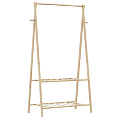 Bostome bamboo clothes rack with two shelves and side hooks, measuring 37.8x17.9x59.3 inches.