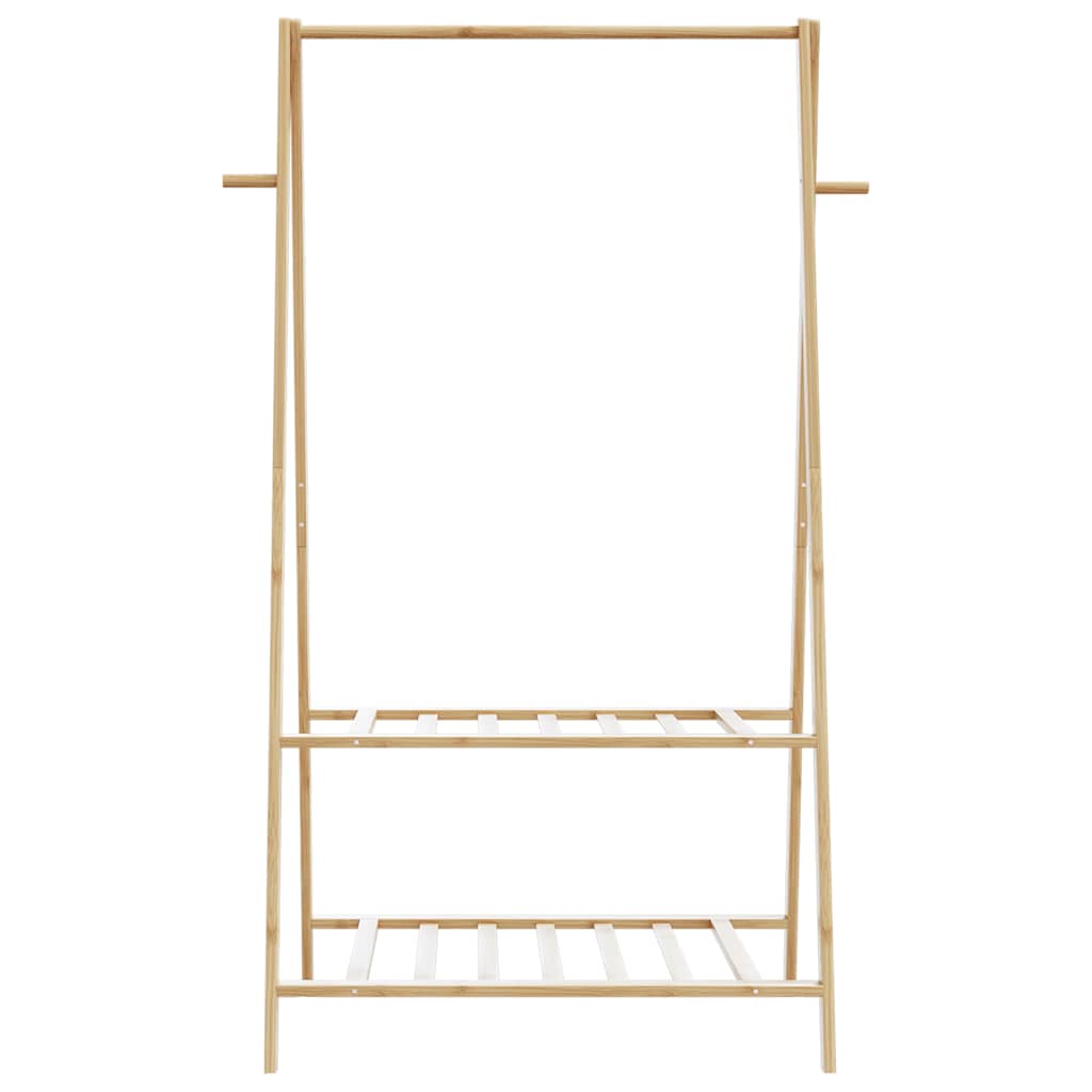 Bamboo clothes rack with two shelves and side hooks, measuring 37.8x17.9x59.3 inches.