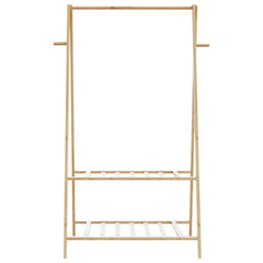Bamboo clothes rack with two shelves and side hooks, measuring 37.8x17.9x59.3 inches.