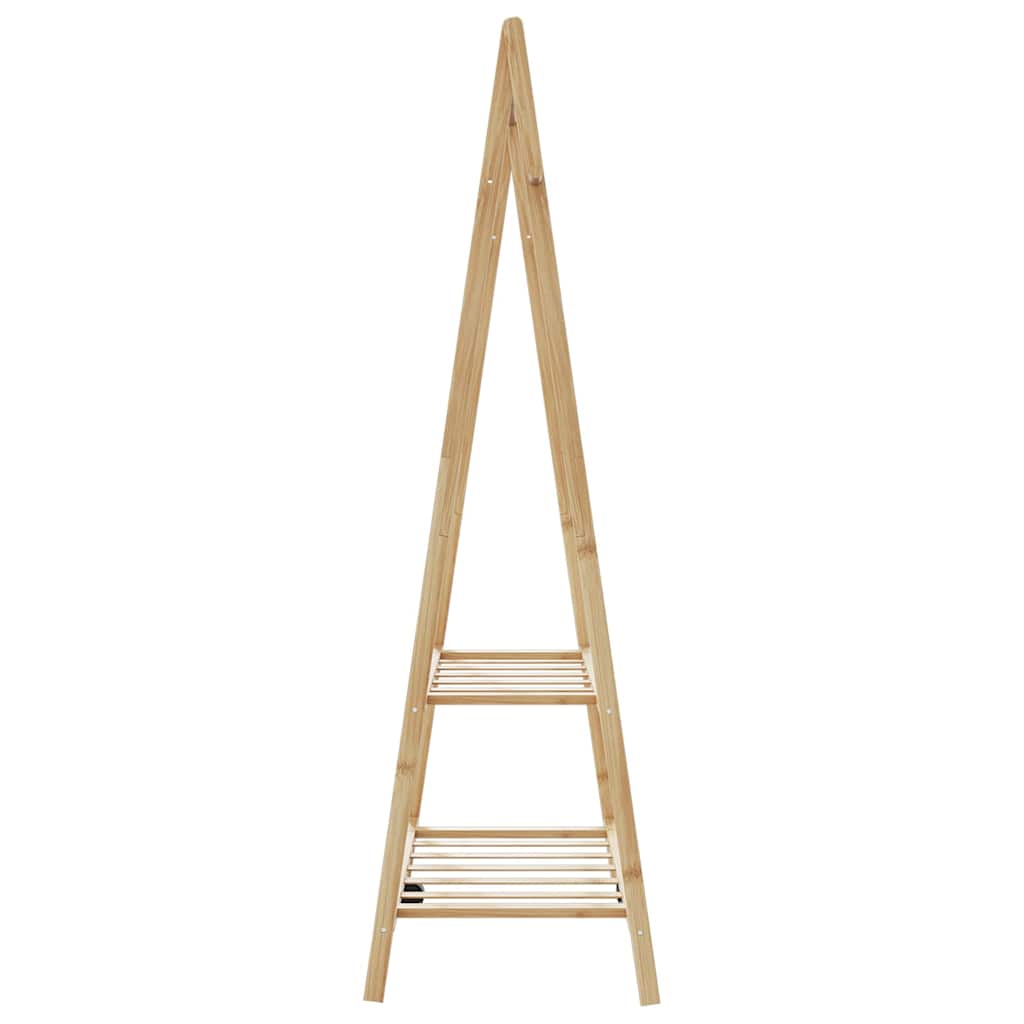 Bostome bamboo clothes rack with two shelves and a hanging rod, measuring 37.8x17.9x59.3 inches.
