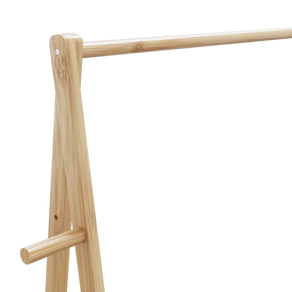 Bamboo clothes rack with shelves, featuring a horizontal hanging rod and foldable frame.
